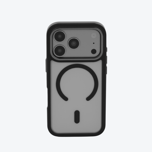 Phone case with a clear back and black border on a light gray background