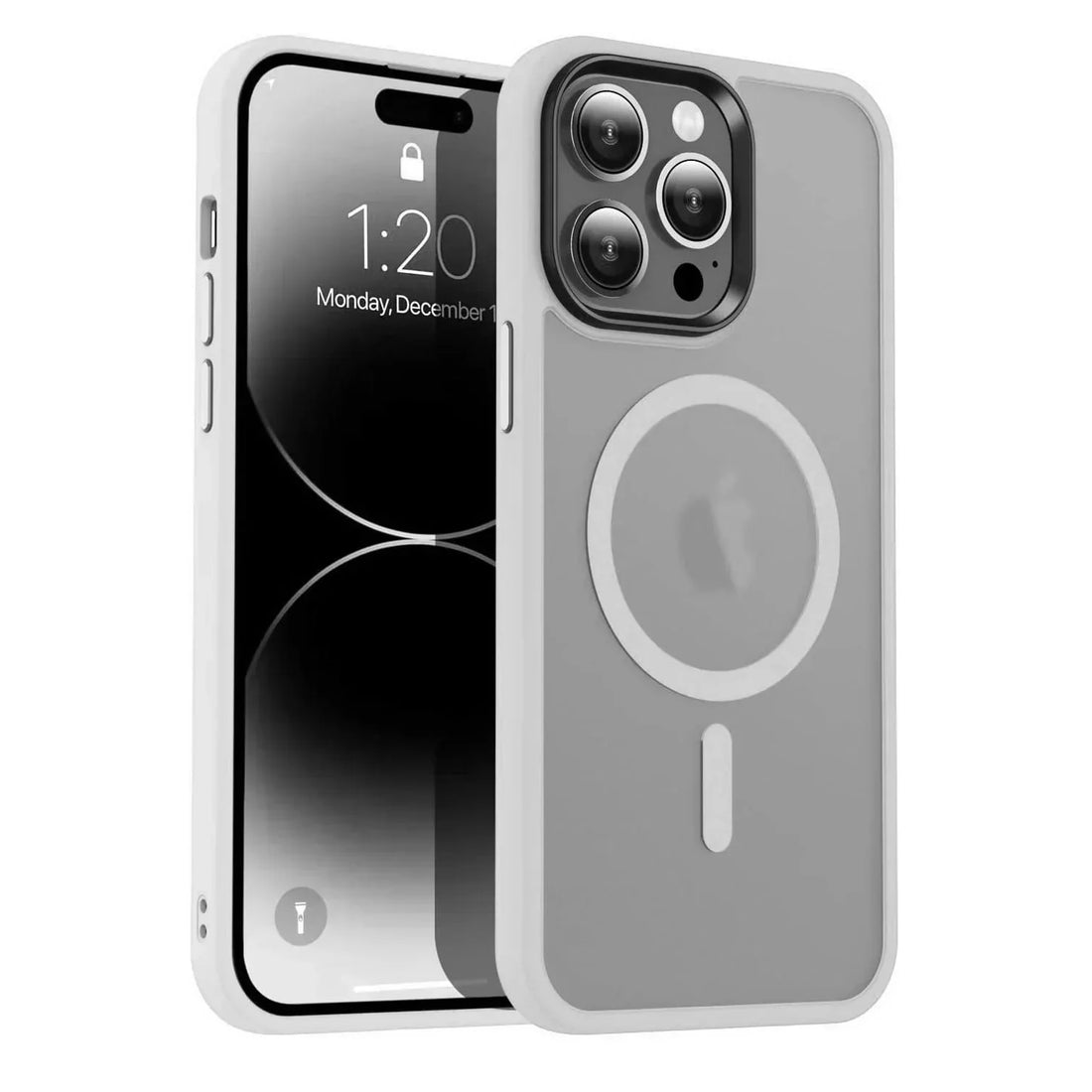 Clear MagSafe compatible iPhone case with white bumper and visible Apple logo