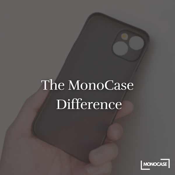 Hand holding black MonoCase phone case with text 'The MonoCase Difference' and logo