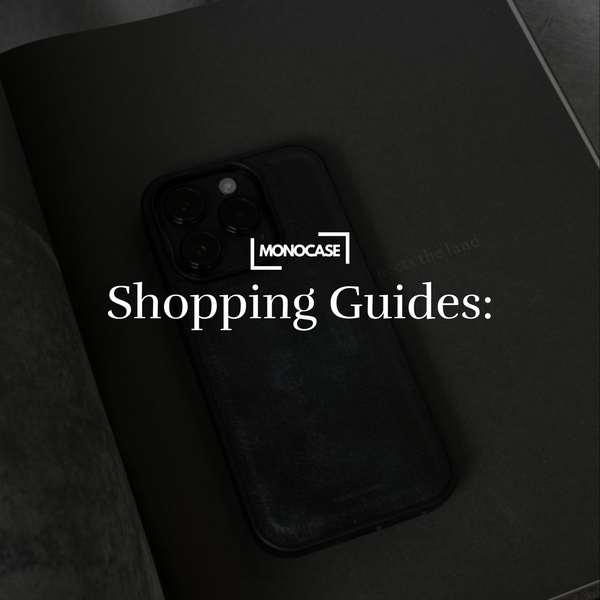 Monocase shopping guides text over a dark iPhone case on an open book