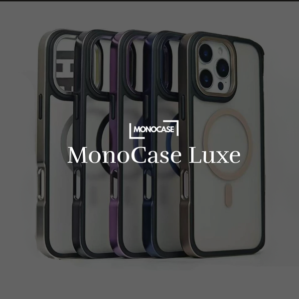 MonoCase Luxe transparent iPhone cases in various colors, MagSafe compatible, on display