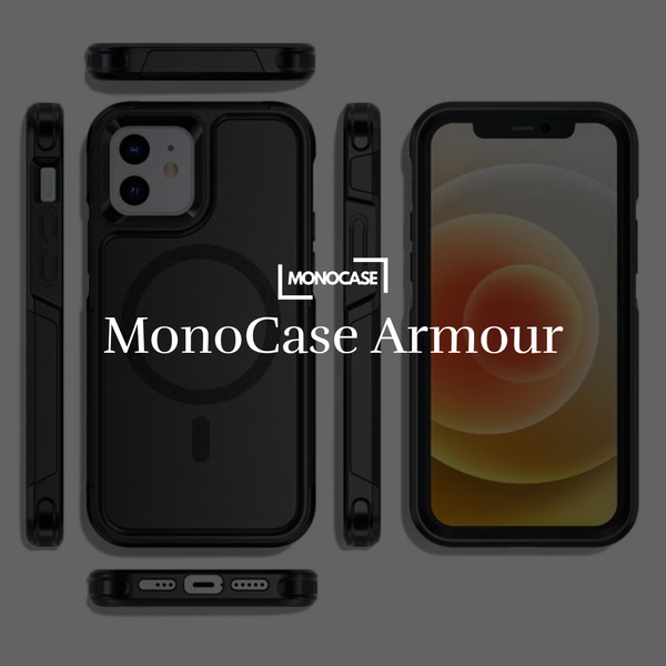 MonoCase Armour rugged black phone case for iPhone with front and back views displayed.