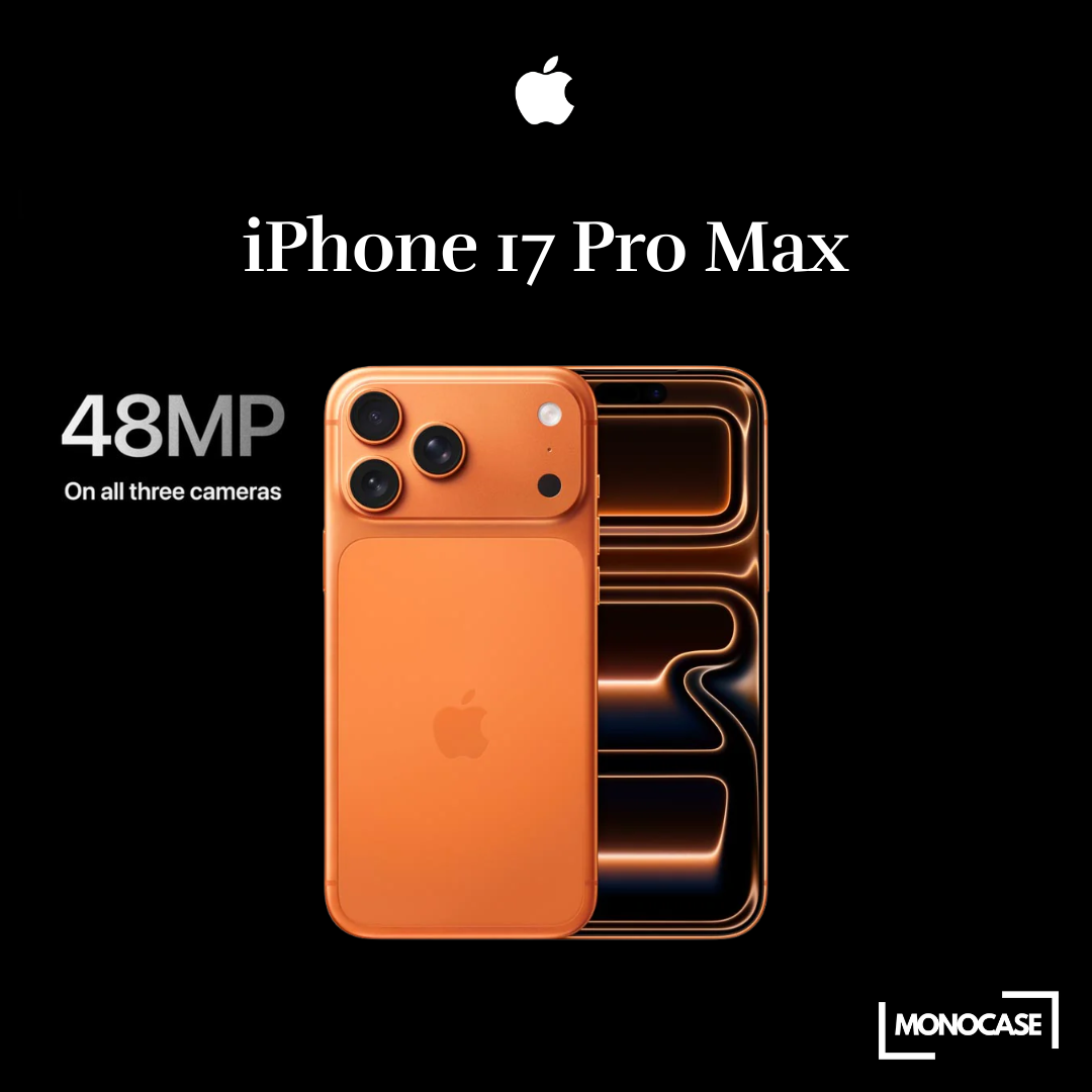 Orange iPhone 17 Pro Max with 48MP triple camera, Monocase branding, black background
