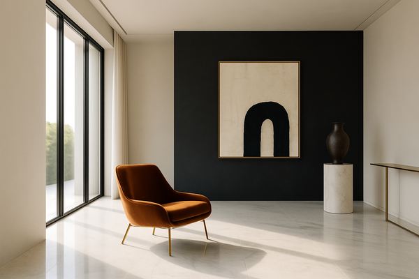 Minimalist luxury living room with brown velvet chair, abstract art, black accent wall, large windows.